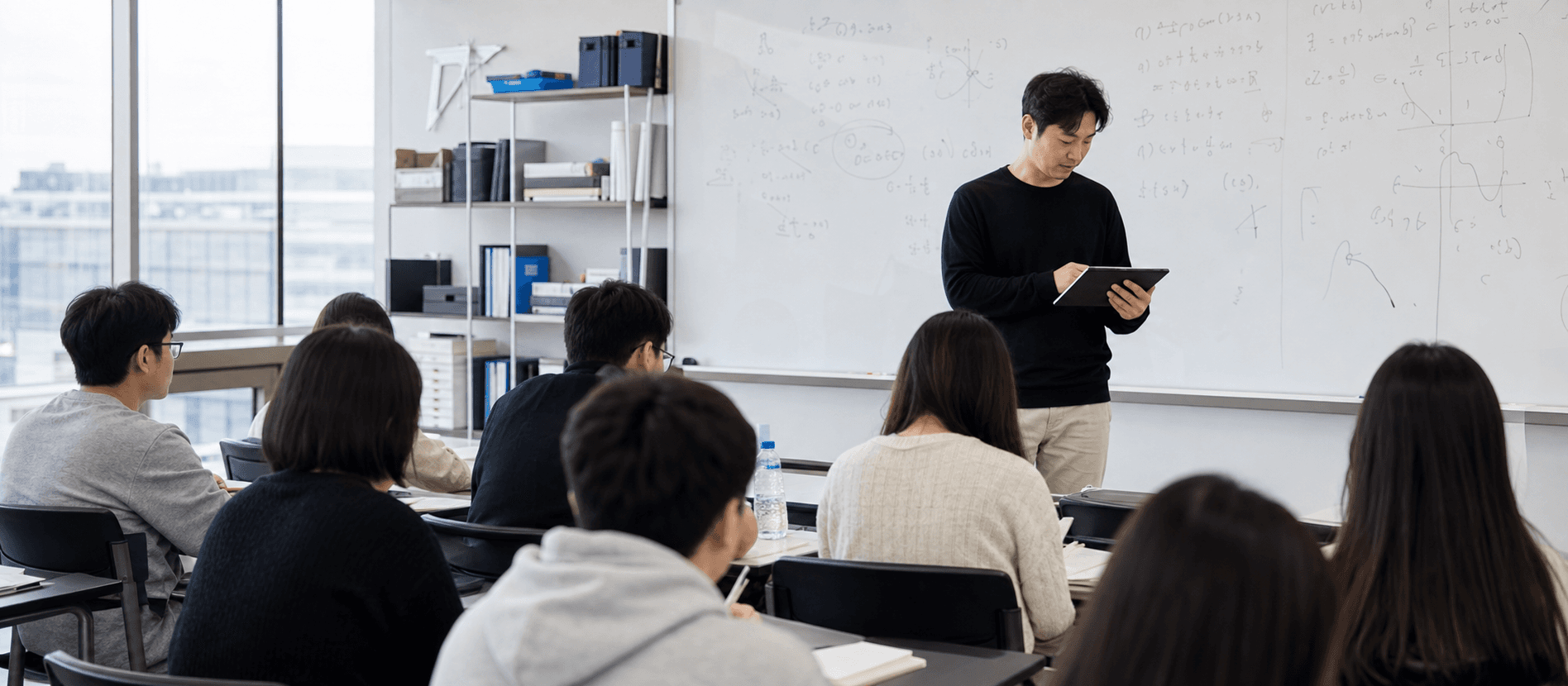 강사가 수업 현장에서 태블릿으로 출석 정보를 확인하는 모습